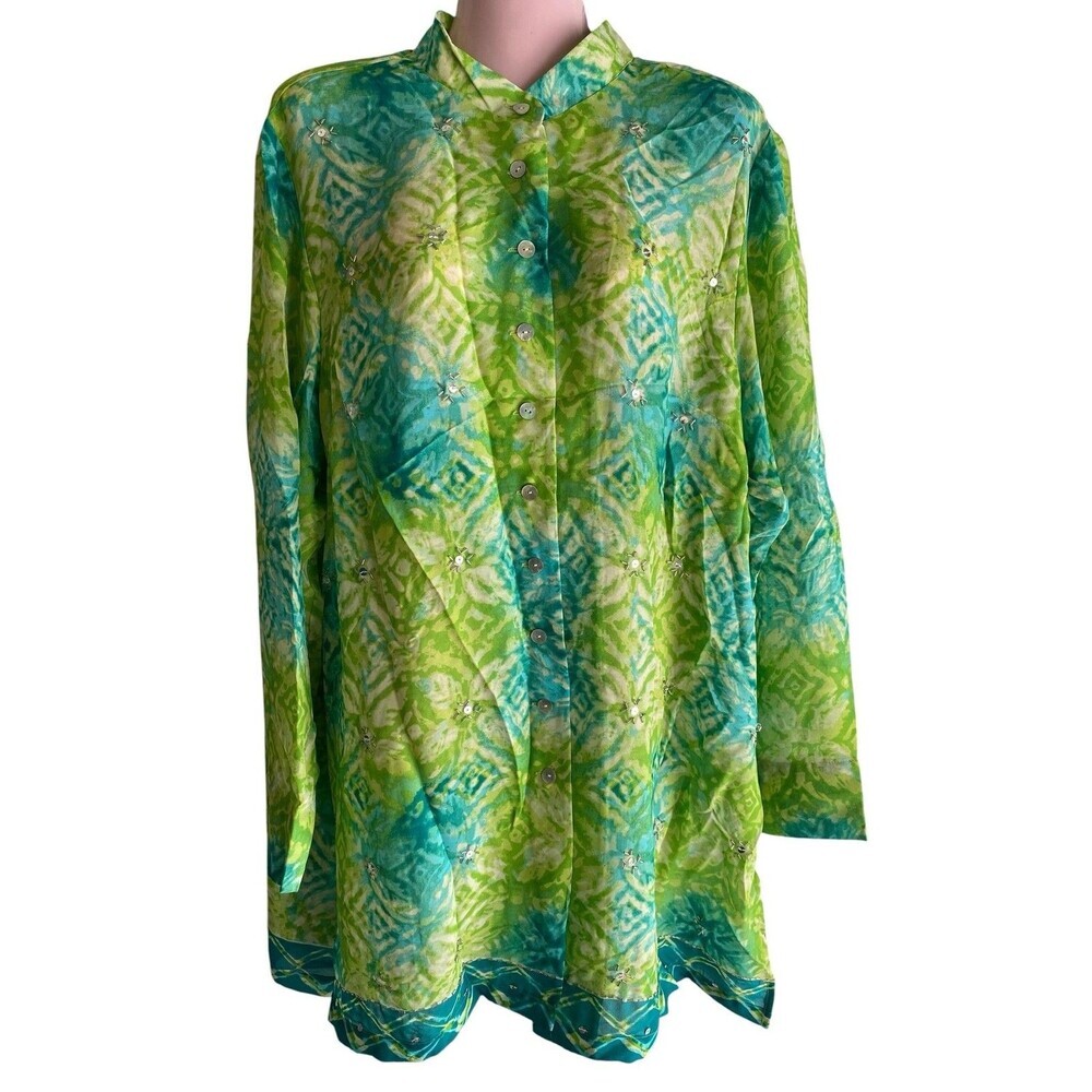Coldwater Creek Tunic Top Womens XL Green Blue Beaded Button Up Boho Print